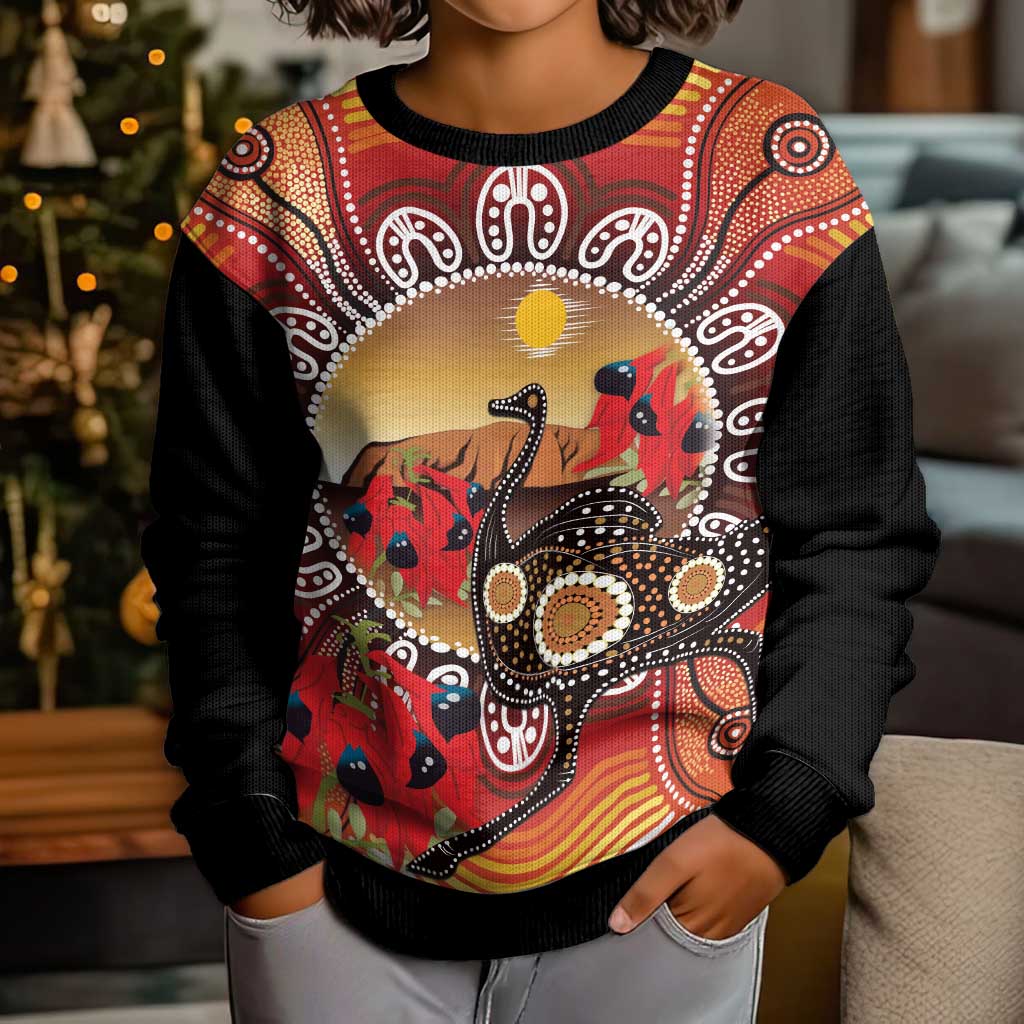 Sturt's Desert Pea And Emu Australia Kid Ugly Christmas Sweater Uluru - Aboriginal Art