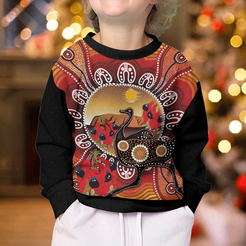 Sturt's Desert Pea And Emu Australia Kid Ugly Christmas Sweater Uluru - Aboriginal Art