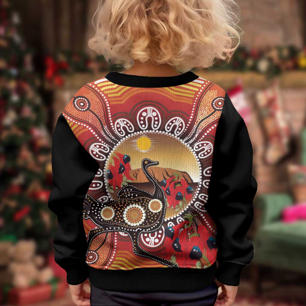 Sturt's Desert Pea And Emu Australia Kid Ugly Christmas Sweater Uluru - Aboriginal Art