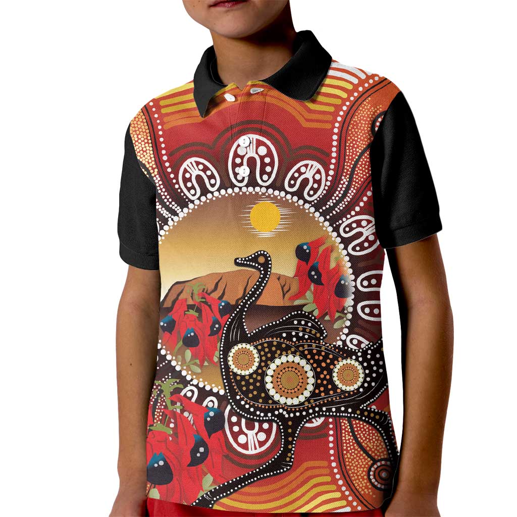 Sturt's Desert Pea And Emu Australia Kid Polo Shirt Uluru Aboriginal Art - Vibe Hoodie Shop