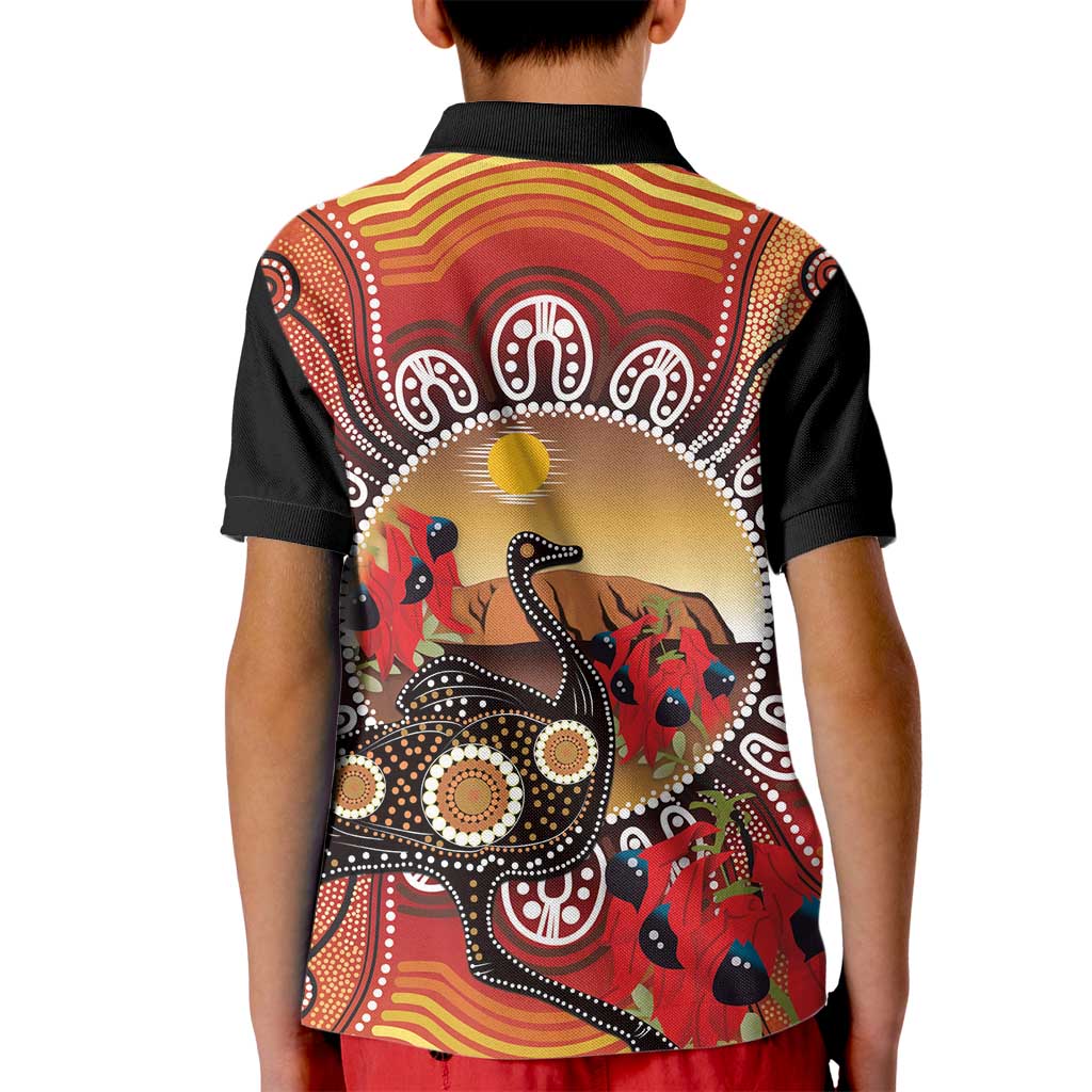 Sturt's Desert Pea And Emu Australia Kid Polo Shirt Uluru Aboriginal Art - Vibe Hoodie Shop