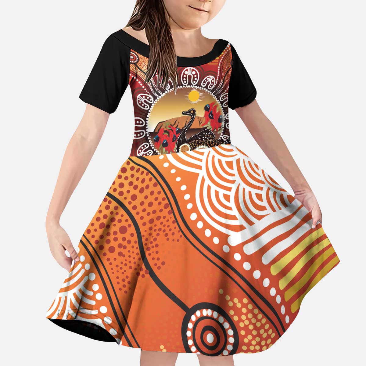 Sturt's Desert Pea And Emu Australia Kid Short Sleeve Dress Uluru Aboriginal Art - Vibe Hoodie Shop