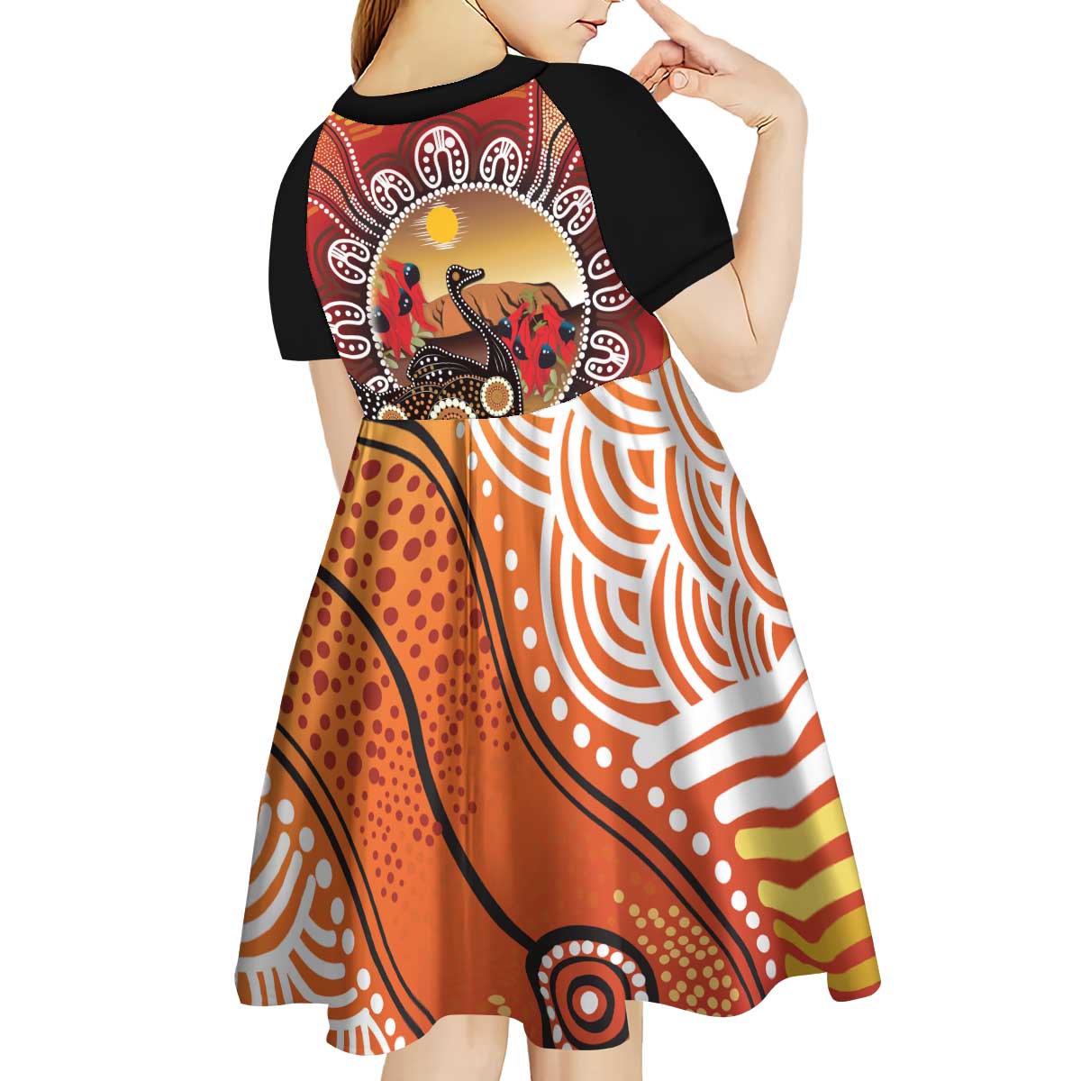 Sturt's Desert Pea And Emu Australia Kid Short Sleeve Dress Uluru Aboriginal Art - Vibe Hoodie Shop