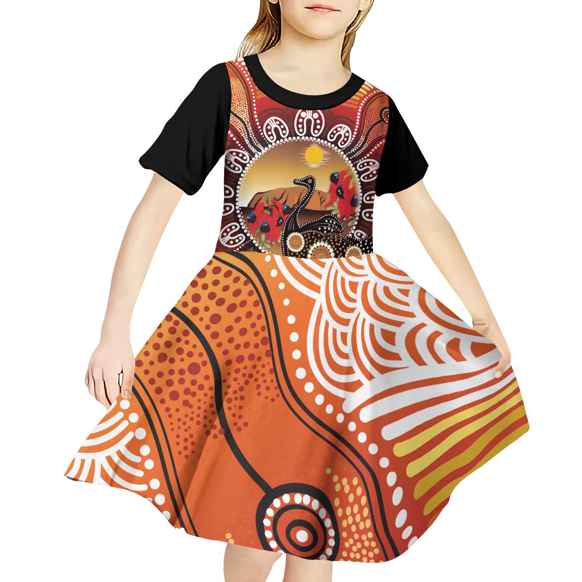 Sturt's Desert Pea And Emu Australia Kid Short Sleeve Dress Uluru Aboriginal Art - Vibe Hoodie Shop