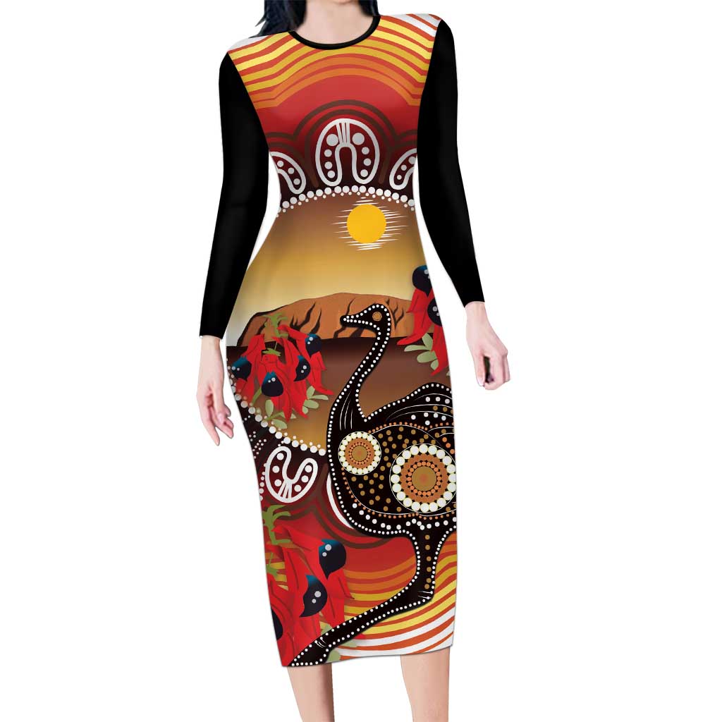Sturt's Desert Pea And Emu Australia Long Sleeve Bodycon Dress Uluru Aboriginal Art