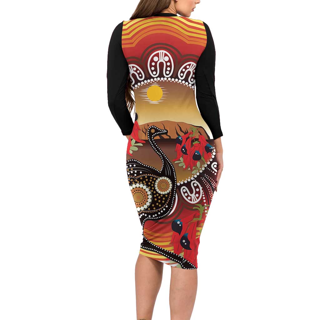 Sturt's Desert Pea And Emu Australia Long Sleeve Bodycon Dress Uluru Aboriginal Art