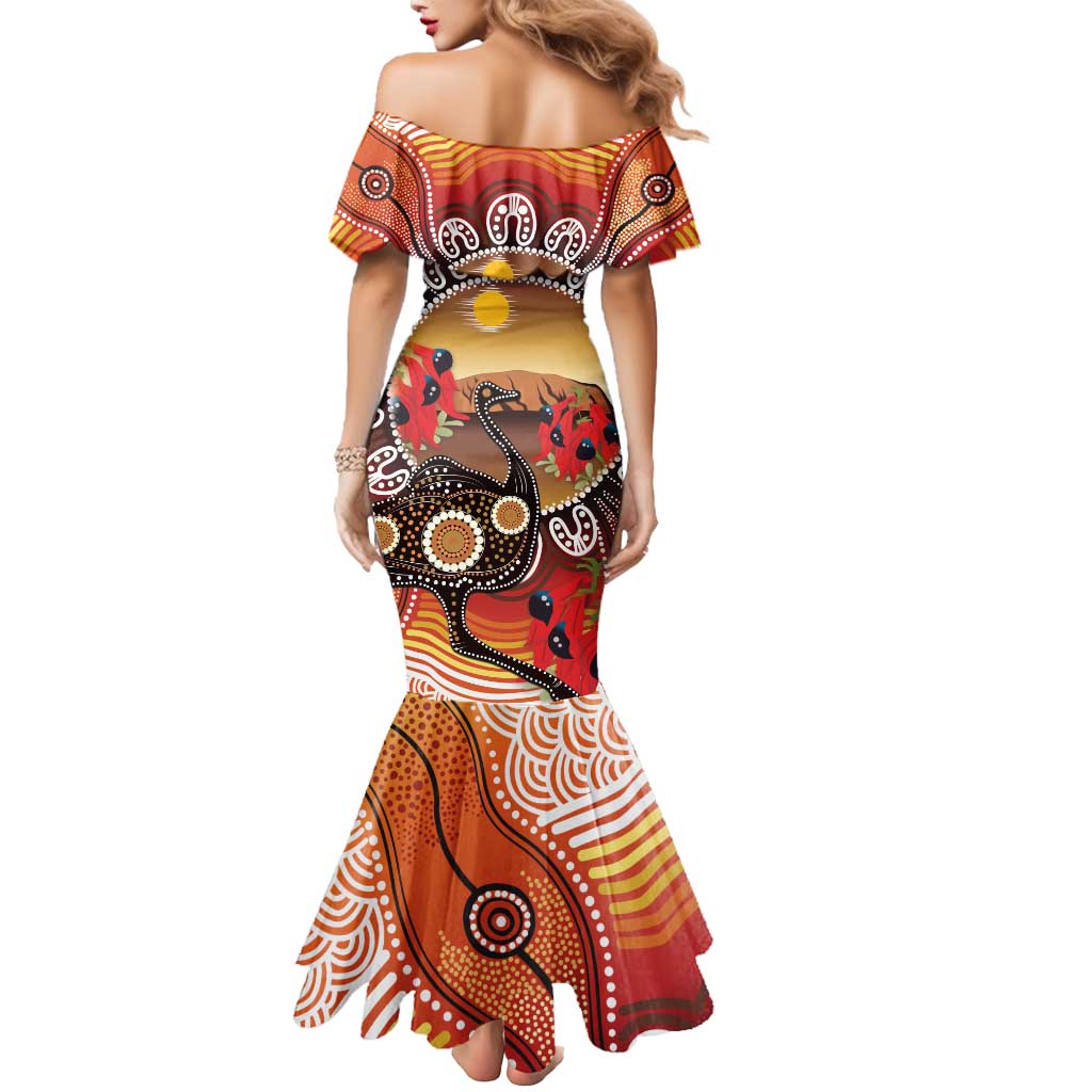 Sturt's Desert Pea And Emu Australia Mermaid Dress Uluru Aboriginal Art