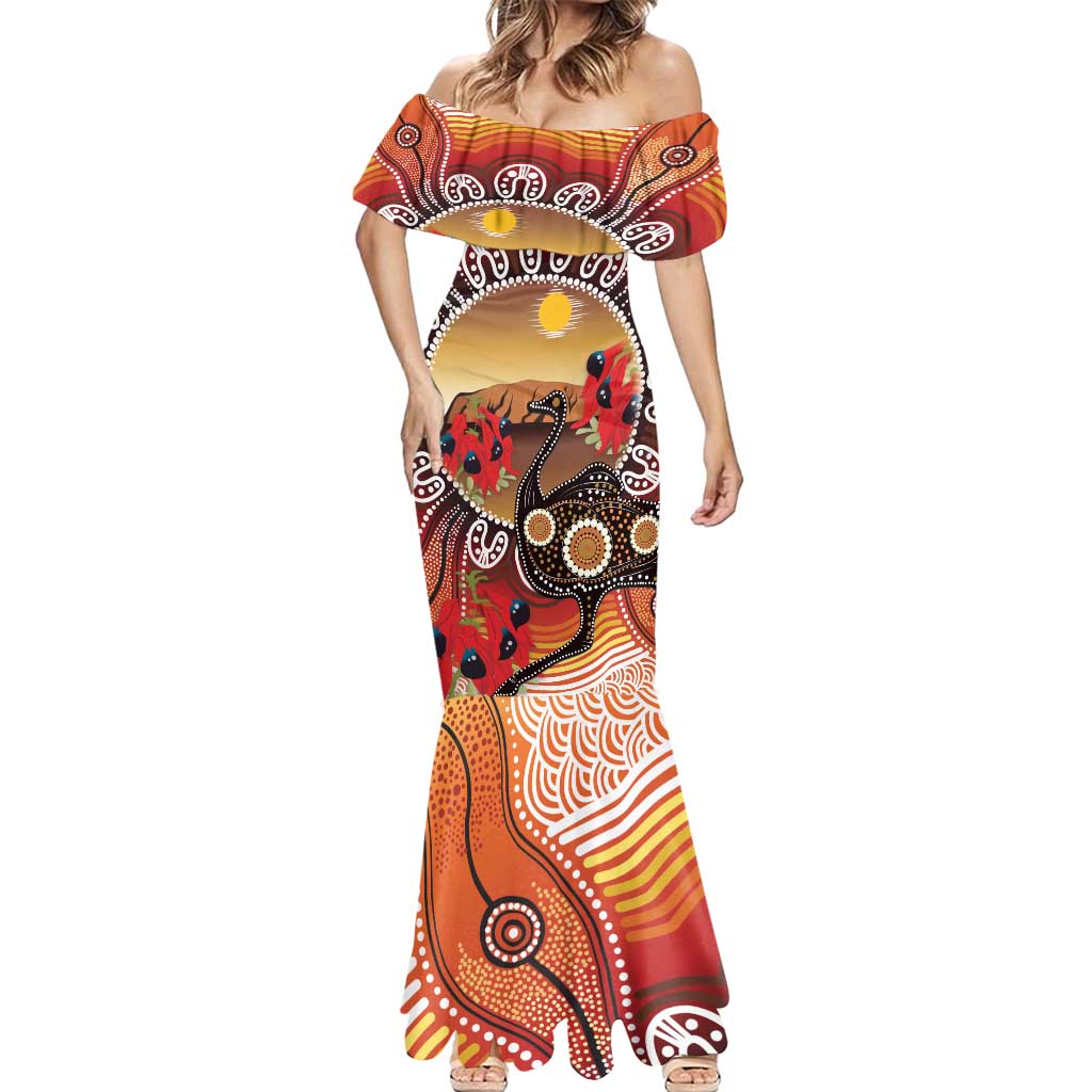 Sturt's Desert Pea And Emu Australia Mermaid Dress Uluru Aboriginal Art