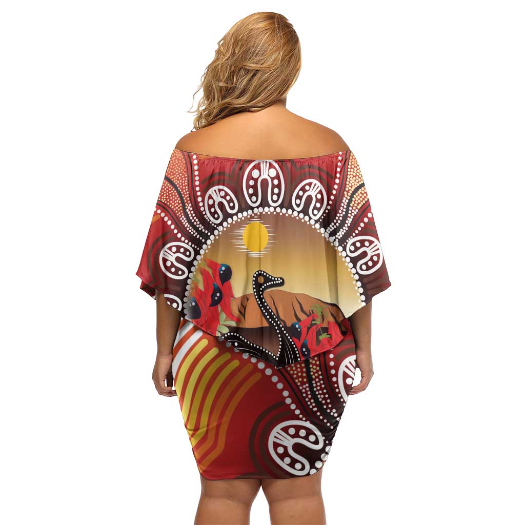 Sturt's Desert Pea And Emu Australia Off Shoulder Short Dress Uluru Aboriginal Art