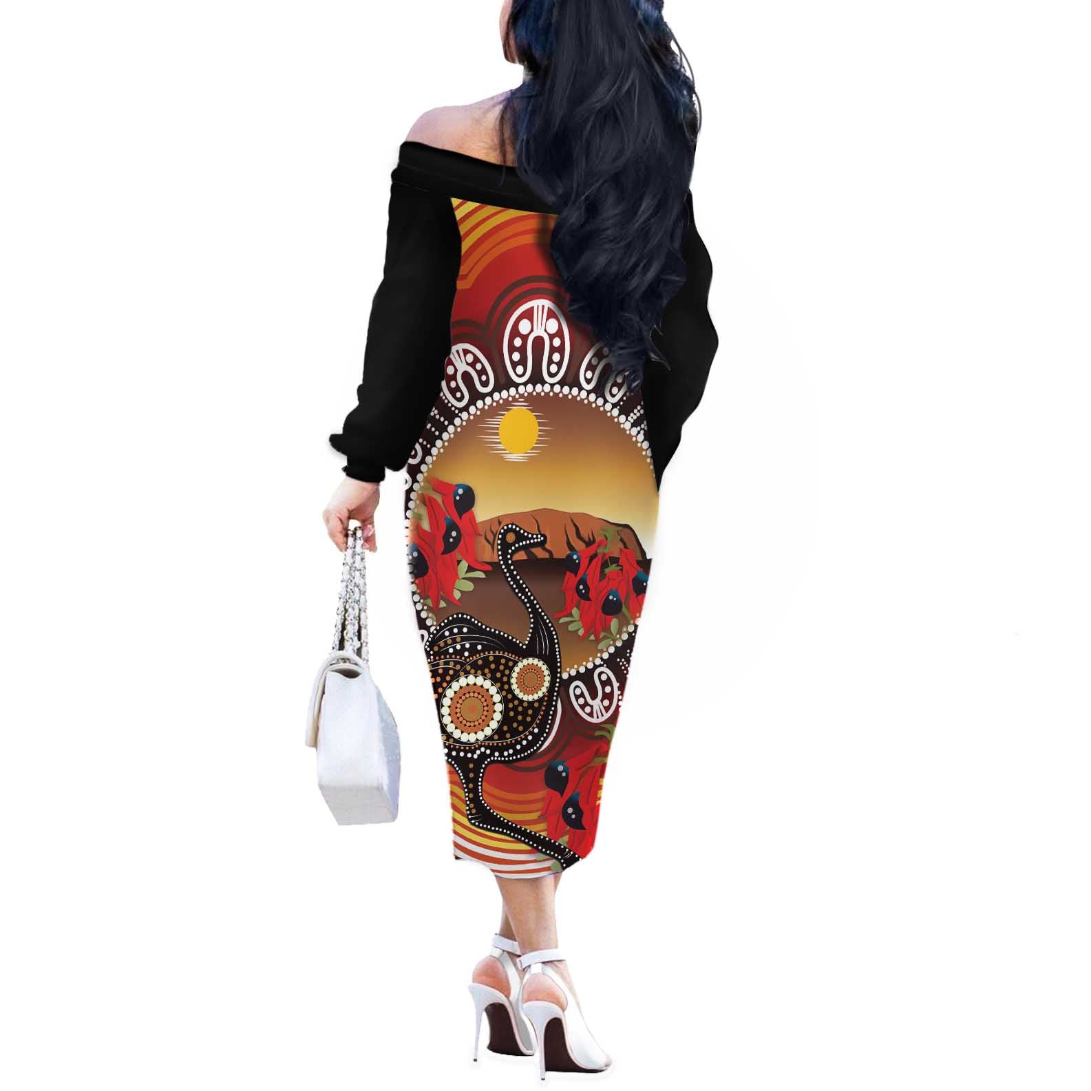 Sturt's Desert Pea And Emu Australia Off The Shoulder Long Sleeve Dress Uluru Aboriginal Art