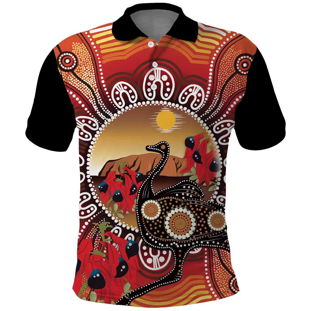 Sturt's Desert Pea And Emu Australia Polo Shirt Uluru Aboriginal Art - Vibe Hoodie Shop