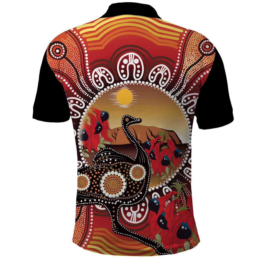 Sturt's Desert Pea And Emu Australia Polo Shirt Uluru Aboriginal Art - Vibe Hoodie Shop