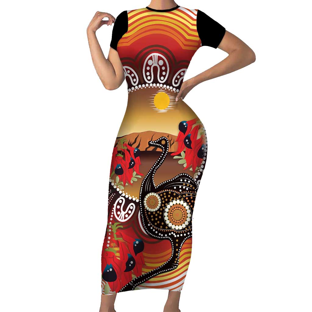 Sturt's Desert Pea And Emu Australia Short Sleeve Bodycon Dress Uluru Aboriginal Art