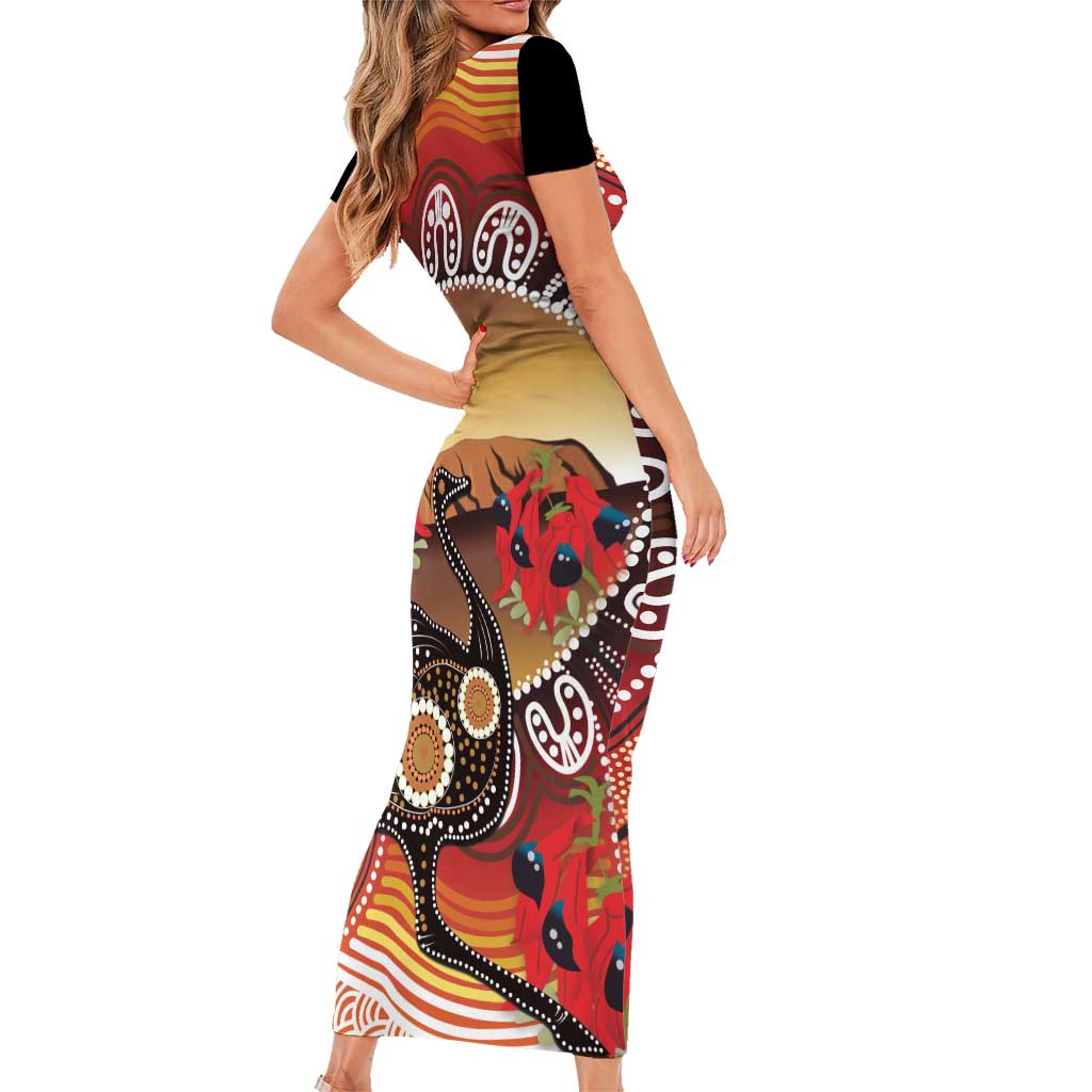 Sturt's Desert Pea And Emu Australia Short Sleeve Bodycon Dress Uluru Aboriginal Art