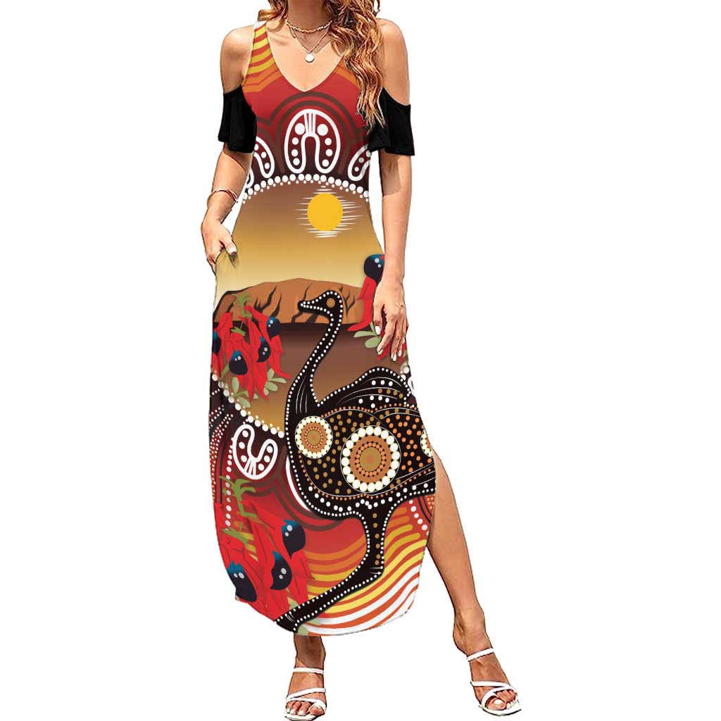 Sturt's Desert Pea And Emu Australia Summer Maxi Dress Uluru Aboriginal Art