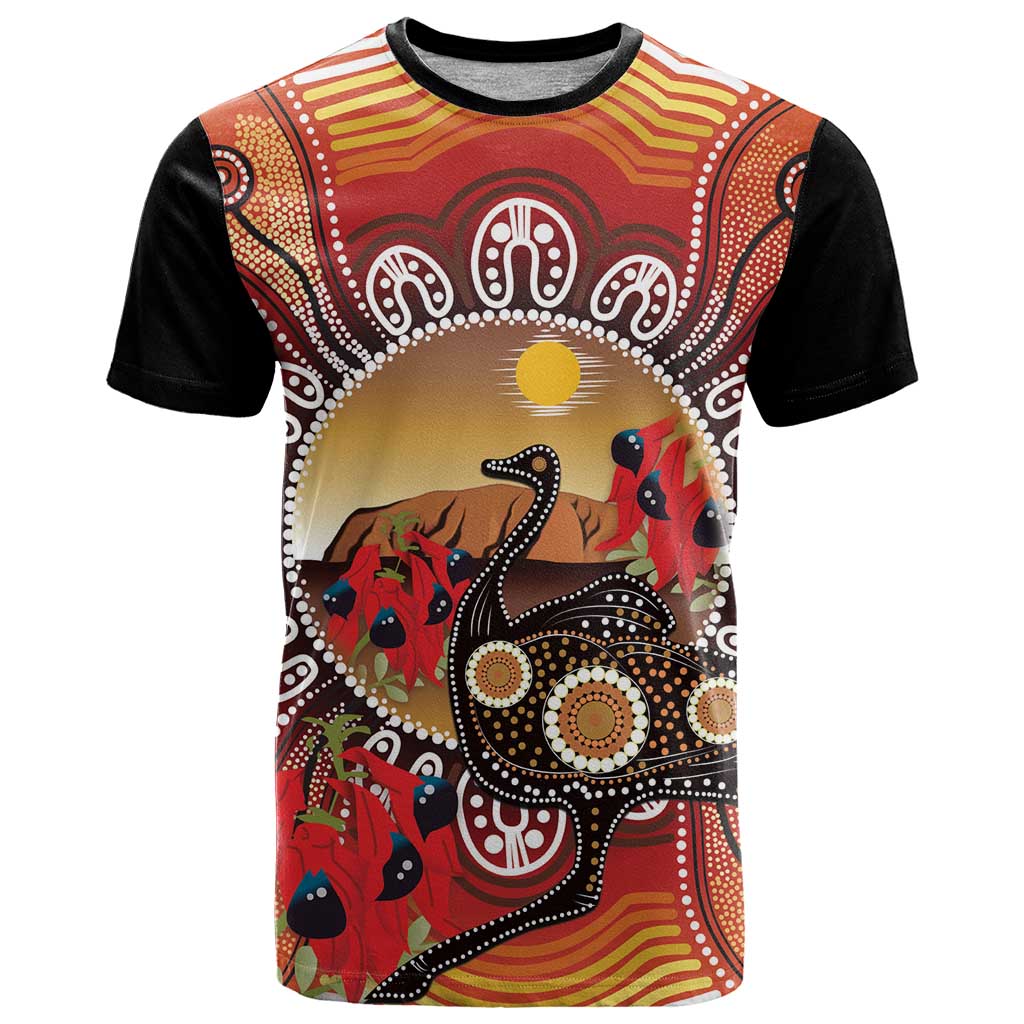 Sturt's Desert Pea And Emu Australia T Shirt Uluru Aboriginal Art - Vibe Hoodie Shop