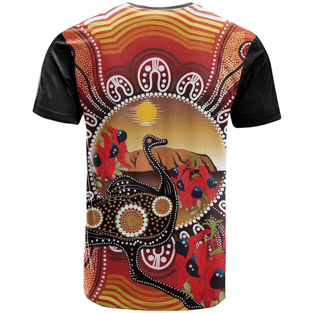 Sturt's Desert Pea And Emu Australia T Shirt Uluru Aboriginal Art - Vibe Hoodie Shop