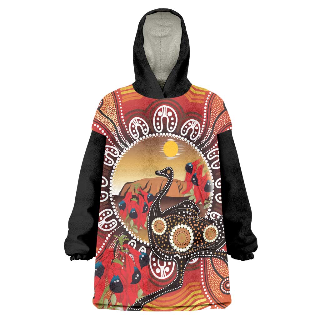 Sturt's Desert Pea And Emu Australia Wearable Blanket Hoodie Uluru Aboriginal Art - Vibe Hoodie Shop