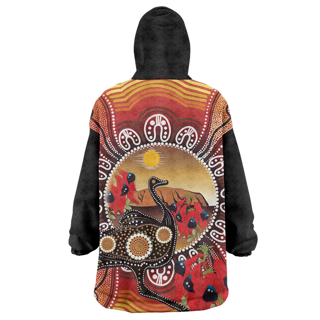 Sturt's Desert Pea And Emu Australia Wearable Blanket Hoodie Uluru Aboriginal Art - Vibe Hoodie Shop