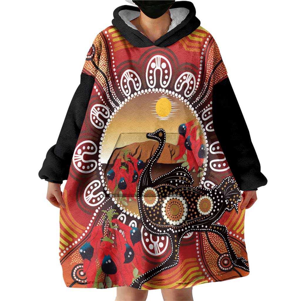 Sturt's Desert Pea And Emu Australia Wearable Blanket Hoodie Uluru Aboriginal Art - Vibe Hoodie Shop