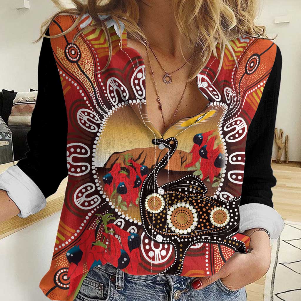 Sturt's Desert Pea And Emu Australia Women Casual Shirt Uluru Aboriginal Art - Vibe Hoodie Shop