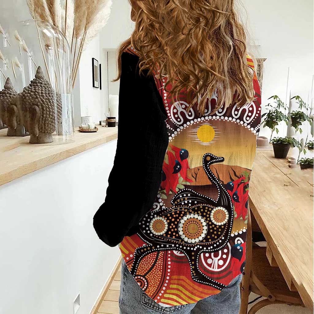 Sturt's Desert Pea And Emu Australia Women Casual Shirt Uluru Aboriginal Art - Vibe Hoodie Shop