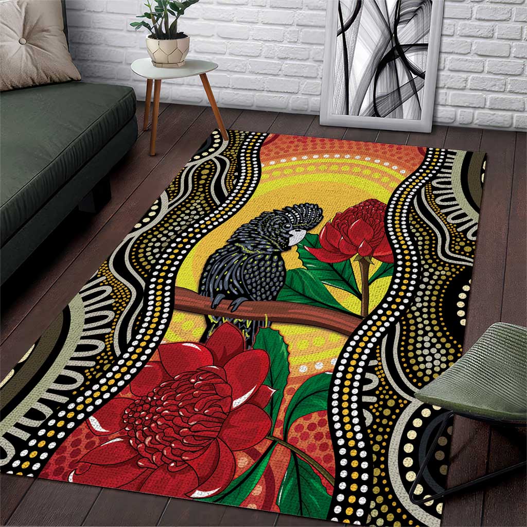 Waratah And Banksian Cockatoo Area Rug Aboriginal Art - Vibe Hoodie Shop