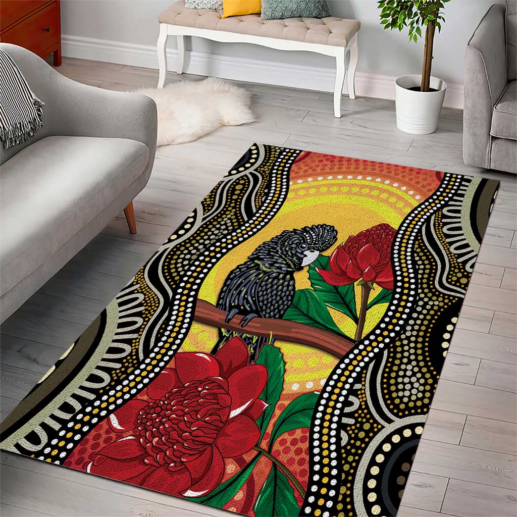 Waratah And Banksian Cockatoo Area Rug Aboriginal Art - Vibe Hoodie Shop