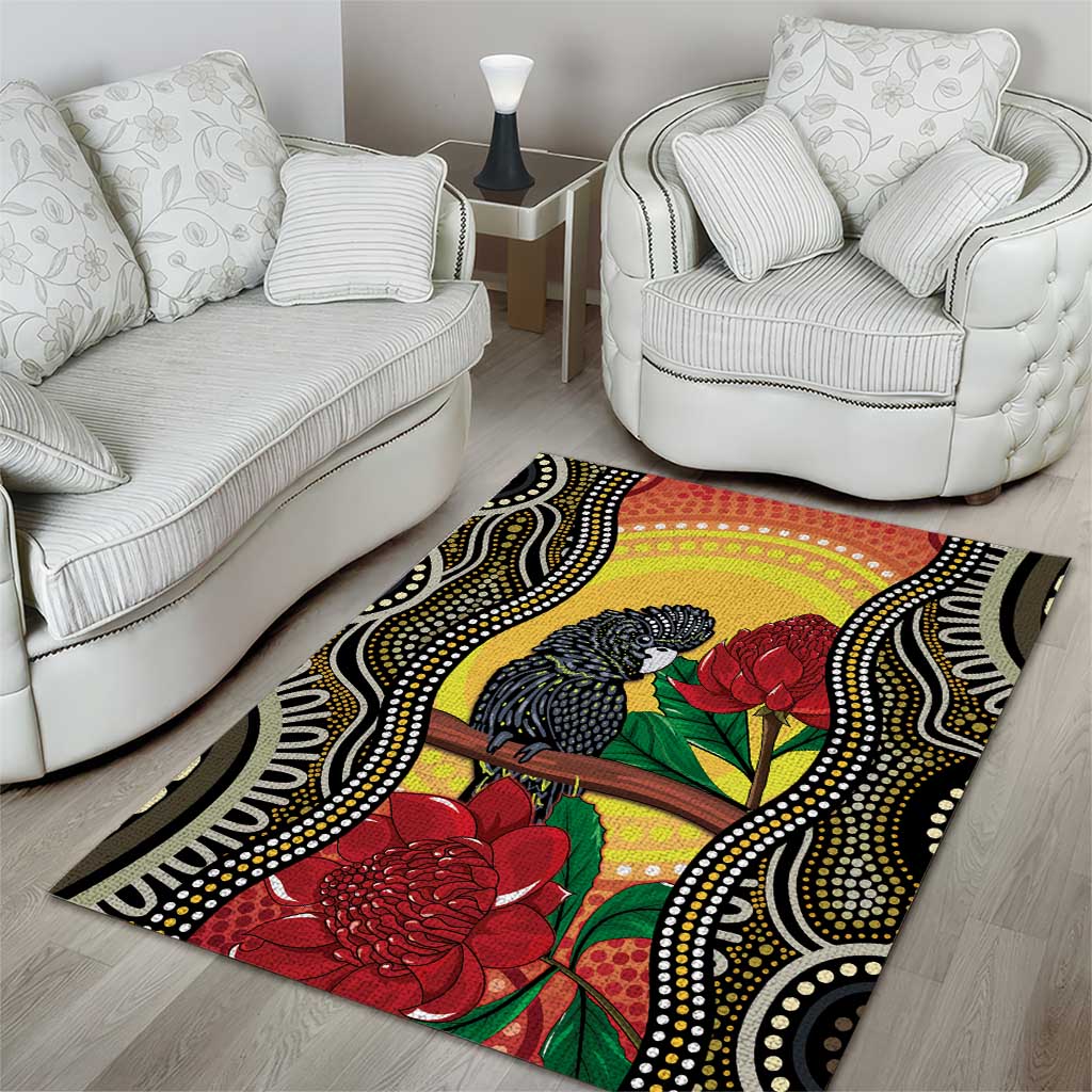 Waratah And Banksian Cockatoo Area Rug Aboriginal Art - Vibe Hoodie Shop