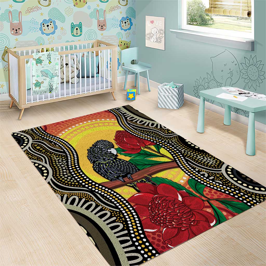 Waratah And Banksian Cockatoo Area Rug Aboriginal Art - Vibe Hoodie Shop