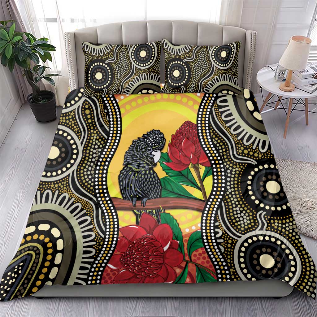 Waratah And Banksian Cockatoo Bedding Set Aboriginal Art - Vibe Hoodie Shop