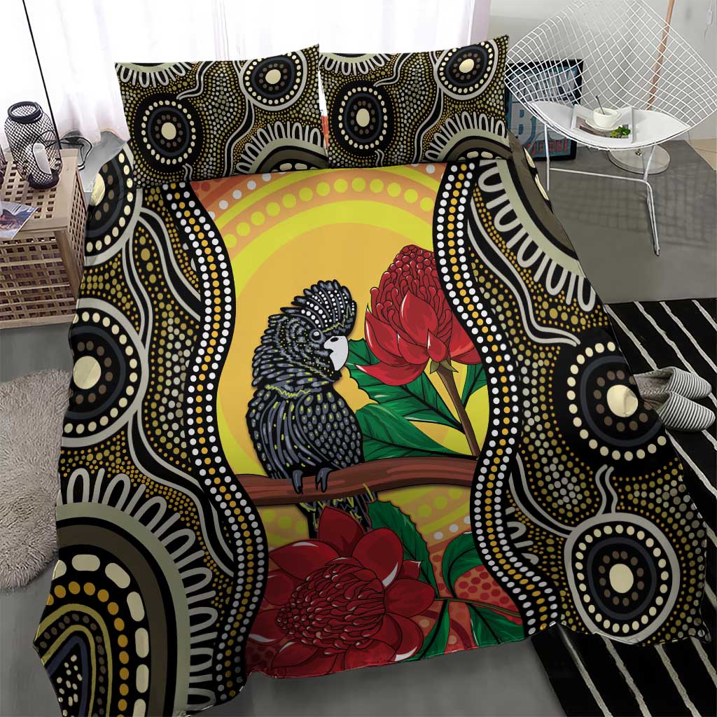Waratah And Banksian Cockatoo Bedding Set Aboriginal Art - Vibe Hoodie Shop
