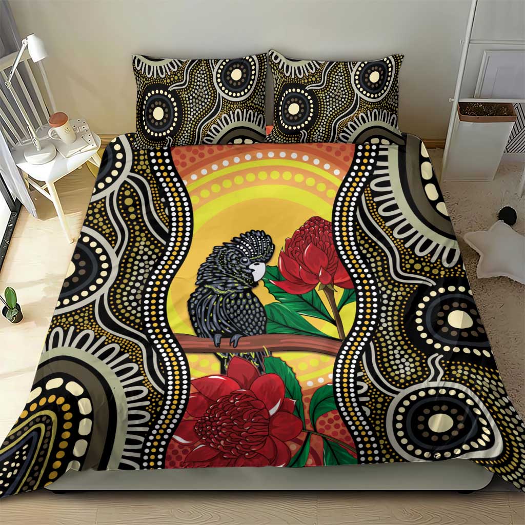 Waratah And Banksian Cockatoo Bedding Set Aboriginal Art - Vibe Hoodie Shop