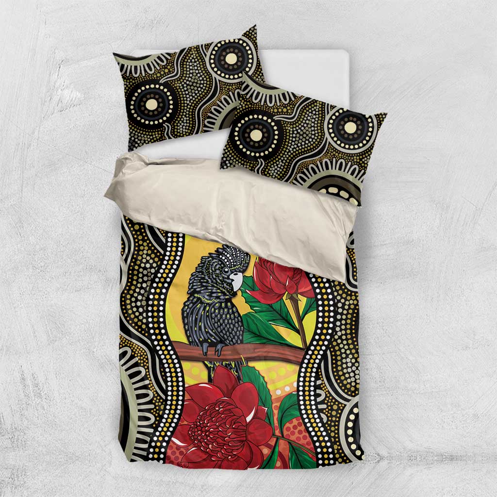 Waratah And Banksian Cockatoo Bedding Set Aboriginal Art - Vibe Hoodie Shop