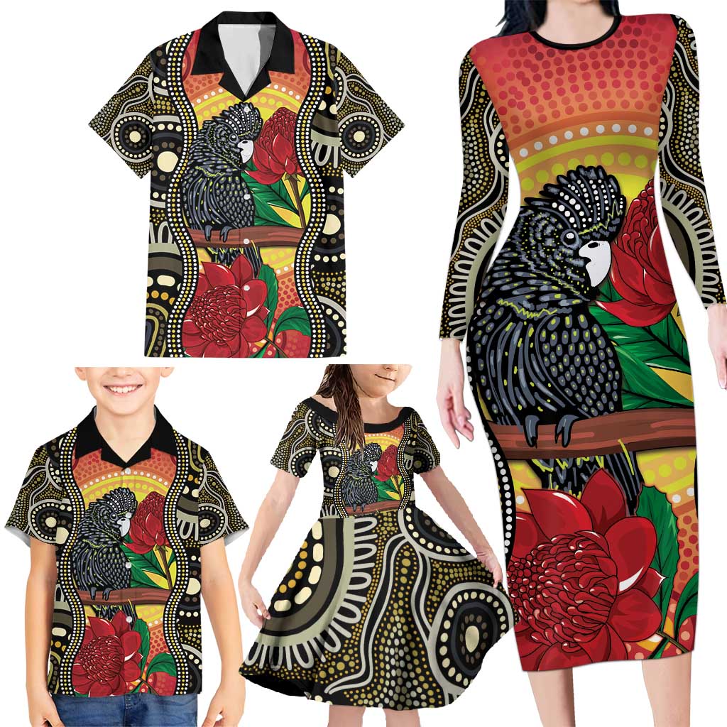 Waratah And Banksian Cockatoo Family Matching Long Sleeve Bodycon Dress and Hawaiian Shirt Aboriginal Art