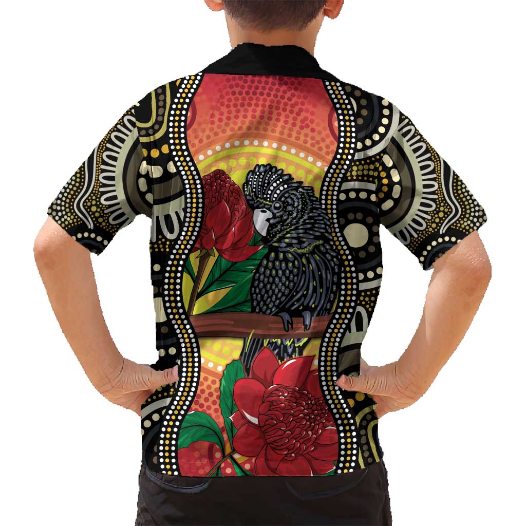 Waratah And Banksian Cockatoo Family Matching Long Sleeve Bodycon Dress and Hawaiian Shirt Aboriginal Art