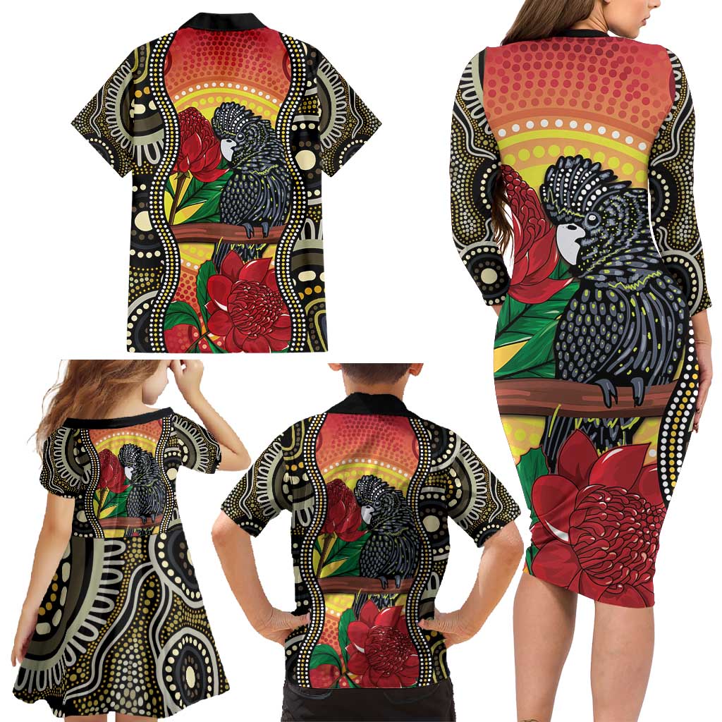 Waratah And Banksian Cockatoo Family Matching Long Sleeve Bodycon Dress and Hawaiian Shirt Aboriginal Art