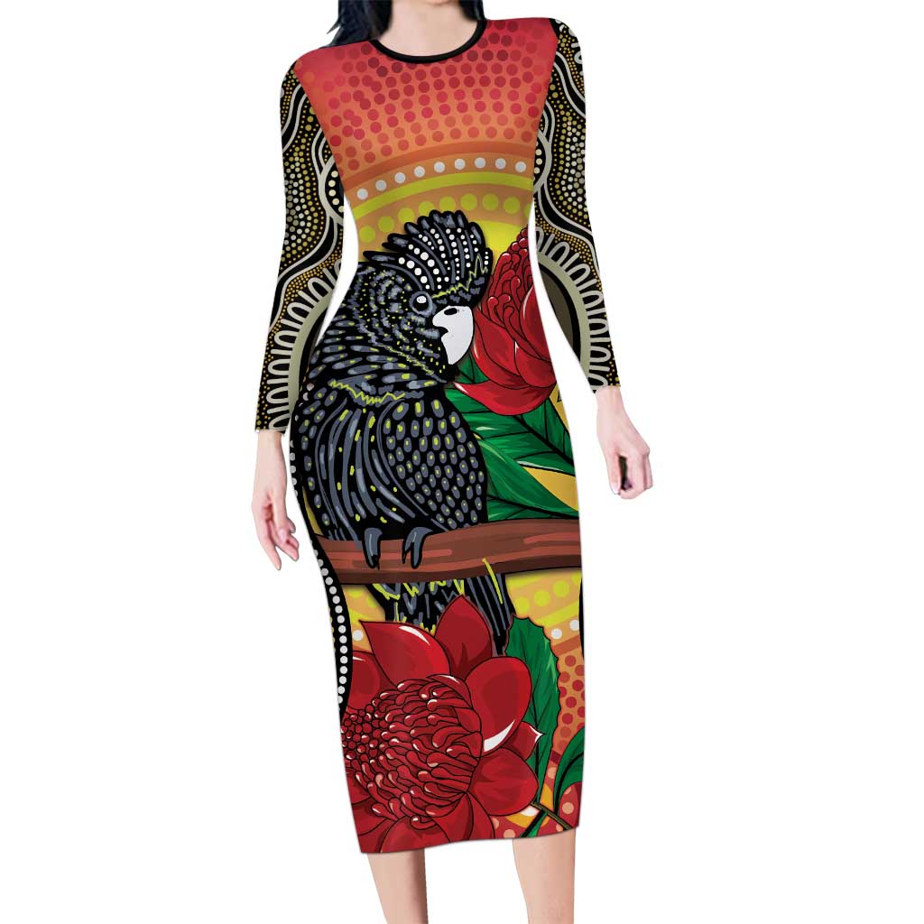 Waratah And Banksian Cockatoo Family Matching Long Sleeve Bodycon Dress and Hawaiian Shirt Aboriginal Art