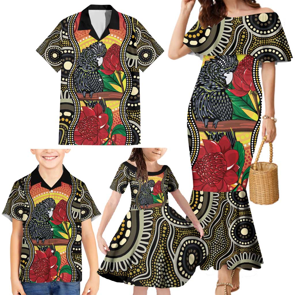 Waratah And Banksian Cockatoo Family Matching Mermaid Dress and Hawaiian Shirt Aboriginal Art