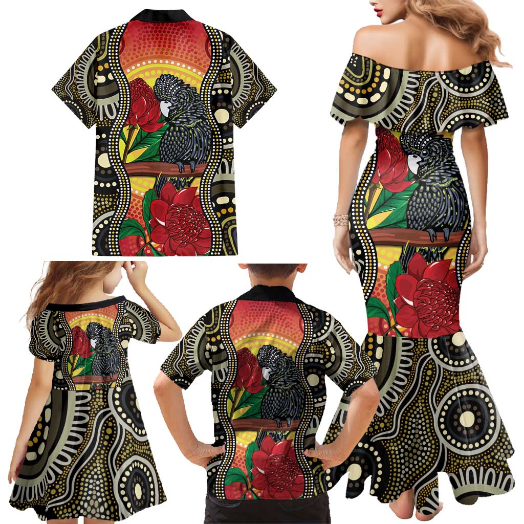 Waratah And Banksian Cockatoo Family Matching Mermaid Dress and Hawaiian Shirt Aboriginal Art