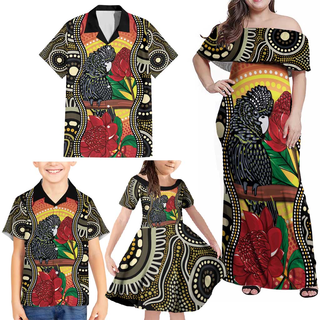 Waratah And Banksian Cockatoo Family Matching Off Shoulder Maxi Dress and Hawaiian Shirt Aboriginal Art