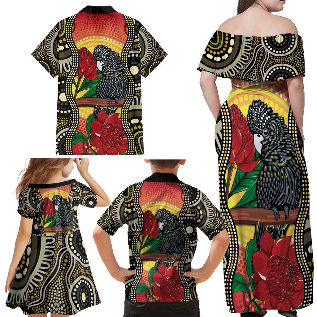 Waratah And Banksian Cockatoo Family Matching Off Shoulder Maxi Dress and Hawaiian Shirt Aboriginal Art
