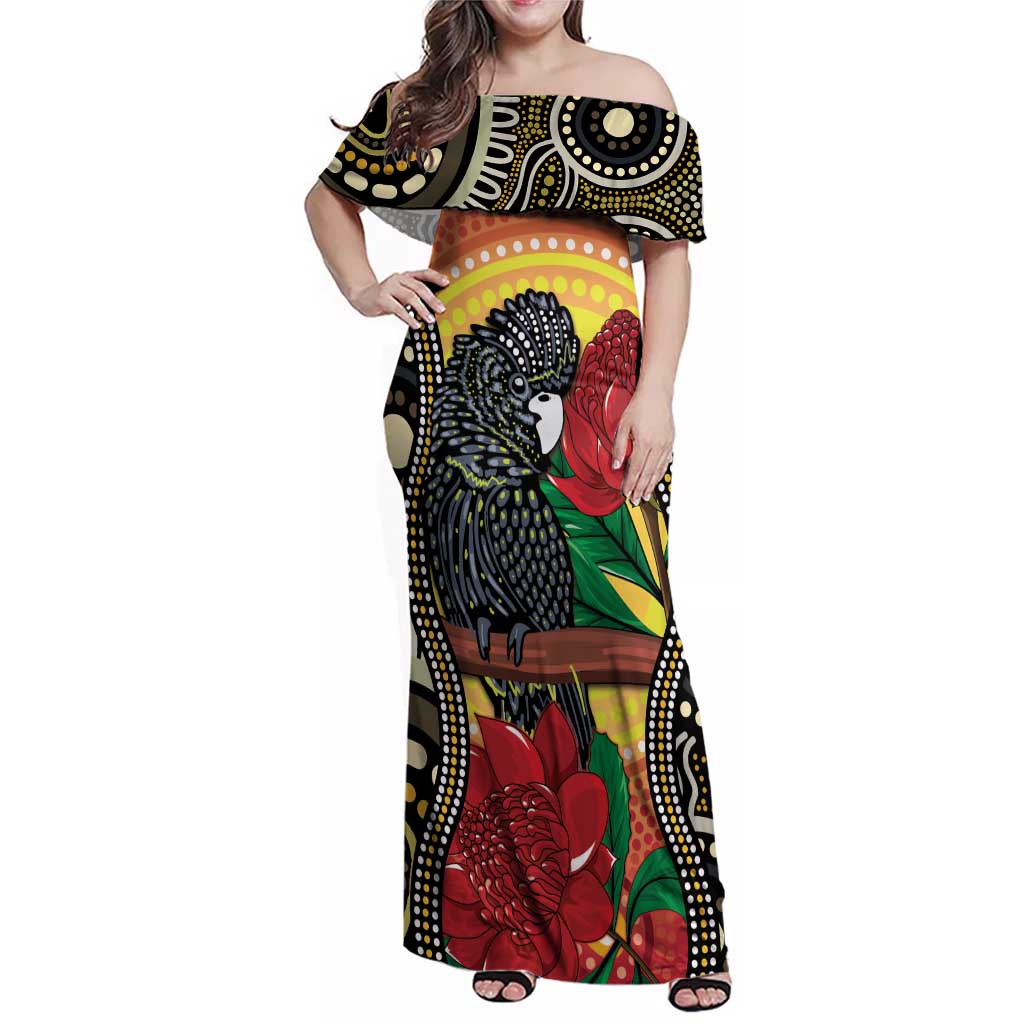 Waratah And Banksian Cockatoo Family Matching Off Shoulder Maxi Dress and Hawaiian Shirt Aboriginal Art