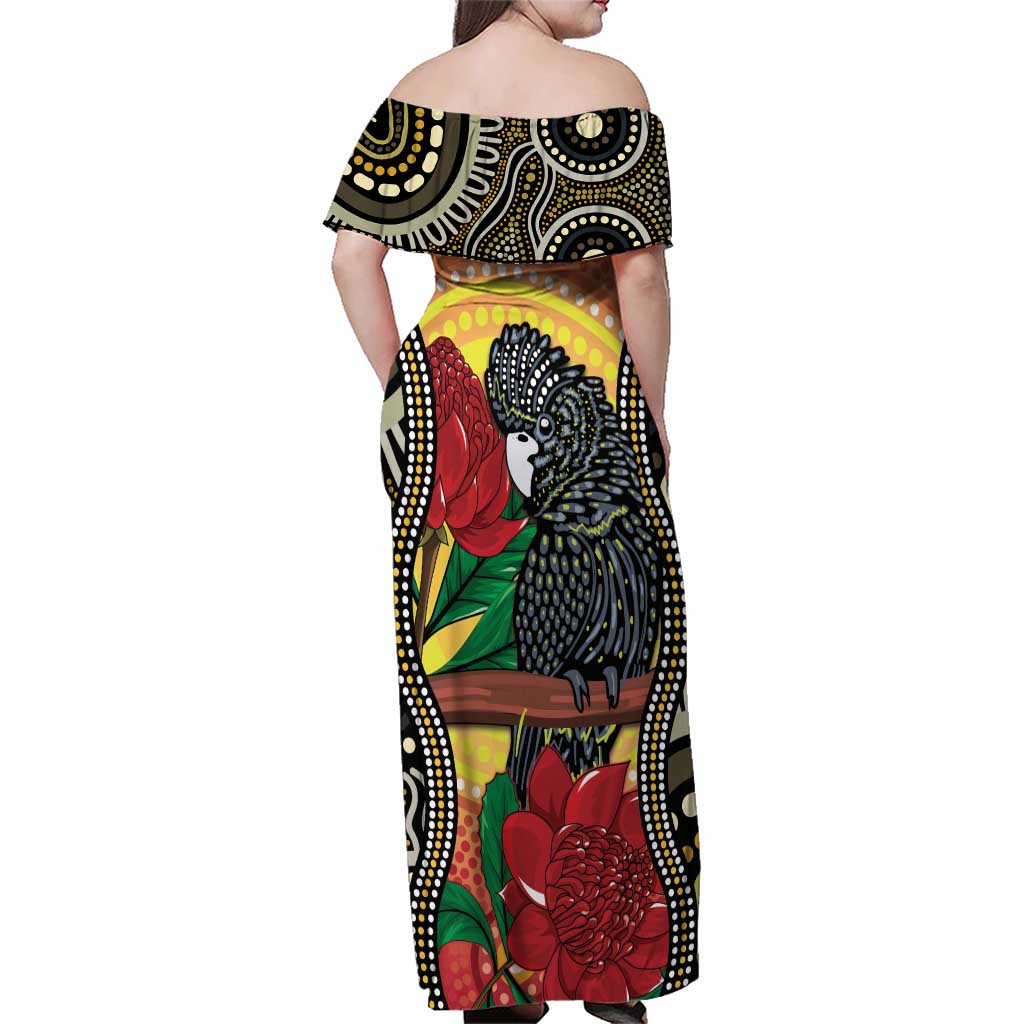 Waratah And Banksian Cockatoo Family Matching Off Shoulder Maxi Dress and Hawaiian Shirt Aboriginal Art