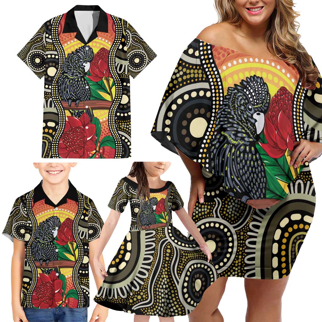 Waratah And Banksian Cockatoo Family Matching Off Shoulder Short Dress and Hawaiian Shirt Aboriginal Art