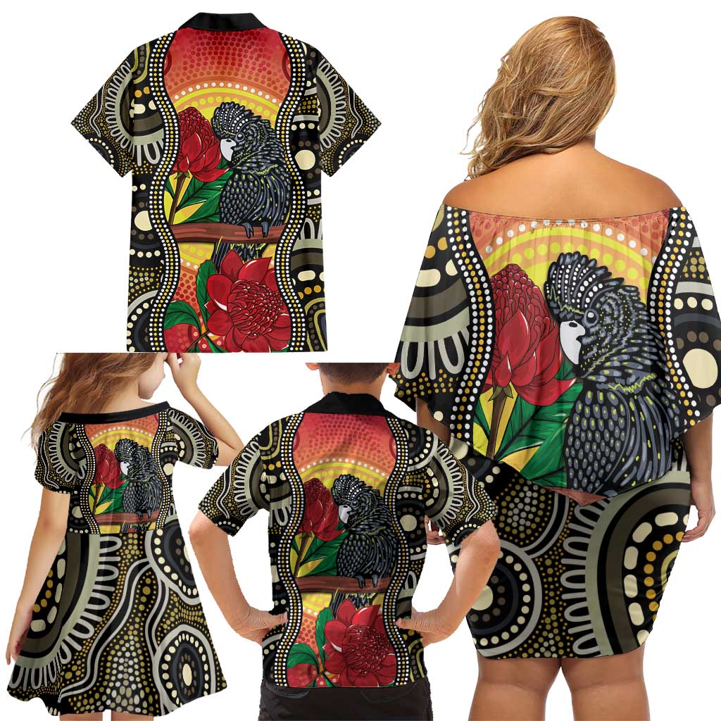 Waratah And Banksian Cockatoo Family Matching Off Shoulder Short Dress and Hawaiian Shirt Aboriginal Art