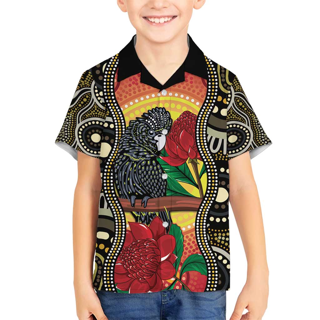 Waratah And Banksian Cockatoo Family Matching Off Shoulder Short Dress and Hawaiian Shirt Aboriginal Art