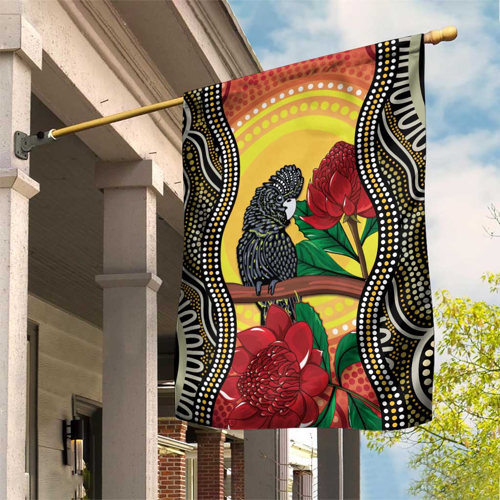 Waratah And Banksian Cockatoo Garden Flag Aboriginal Art - Vibe Hoodie Shop