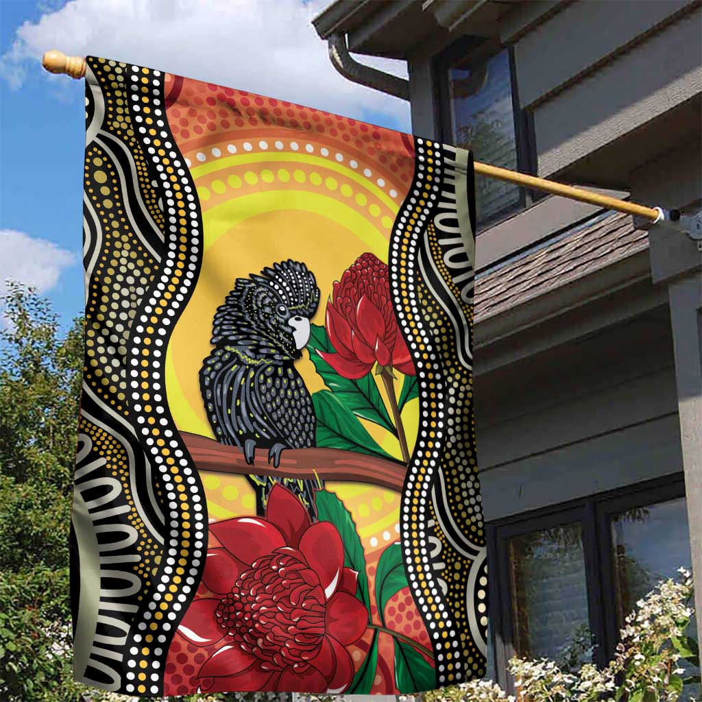 Waratah And Banksian Cockatoo Garden Flag Aboriginal Art - Vibe Hoodie Shop