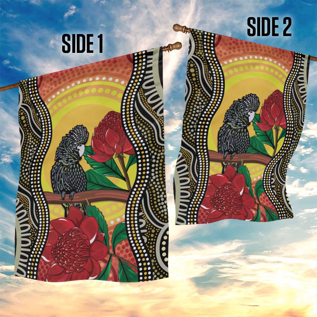 Waratah And Banksian Cockatoo Garden Flag Aboriginal Art - Vibe Hoodie Shop
